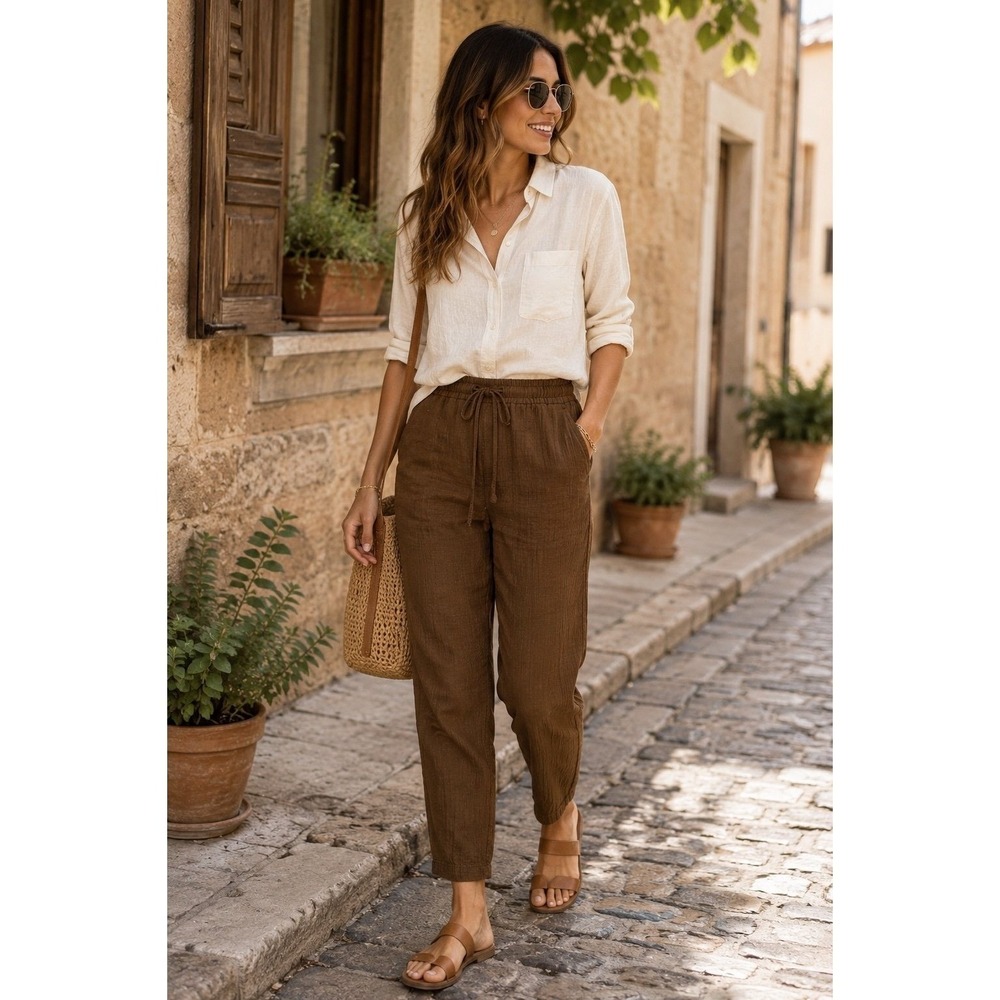 Zara Brown Textured Drawstring Pants Elastic Waist Tapered Women's M